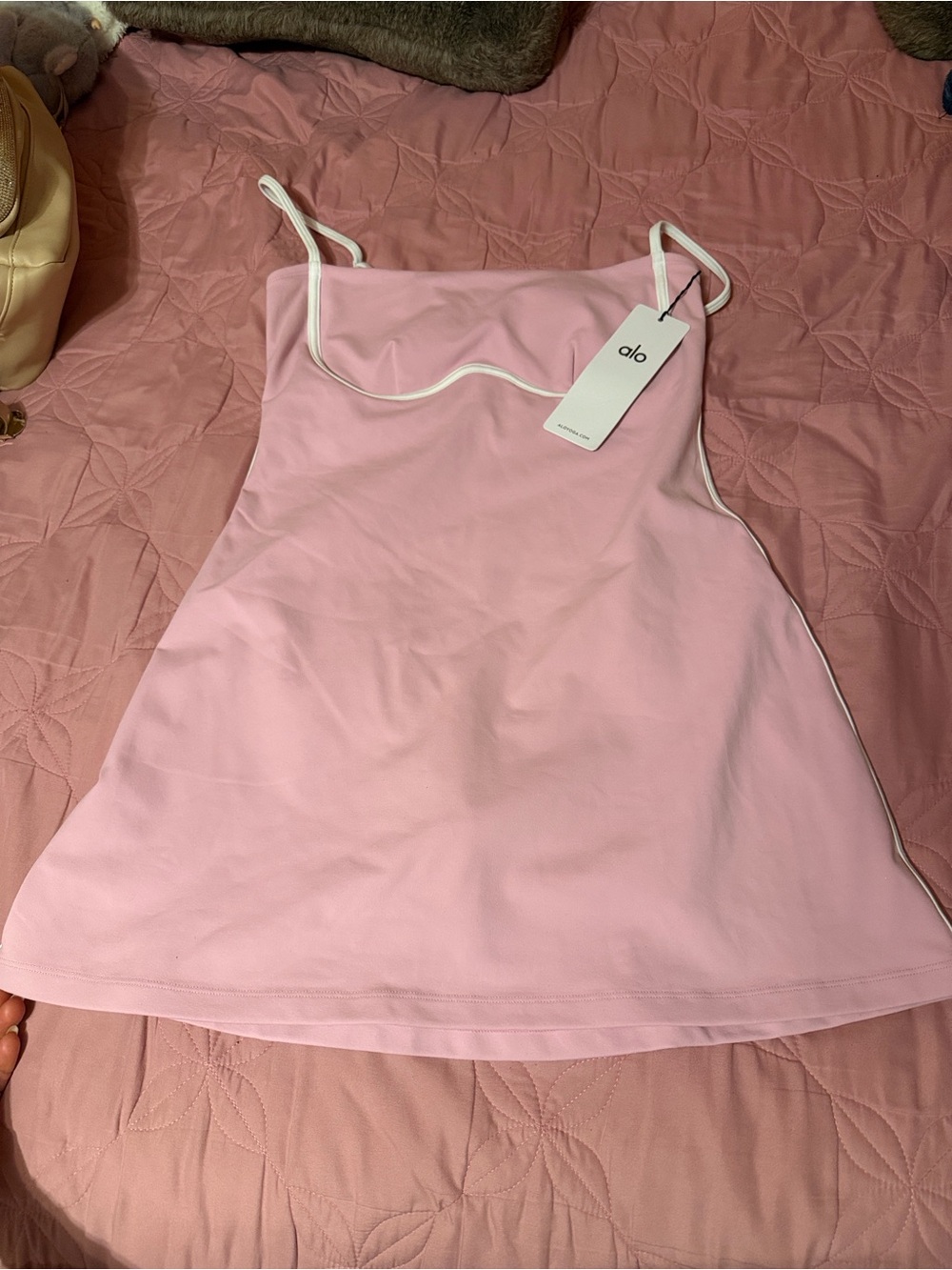 ALO Yoga Light Pink Spaghetti-Strap dress with White Trim